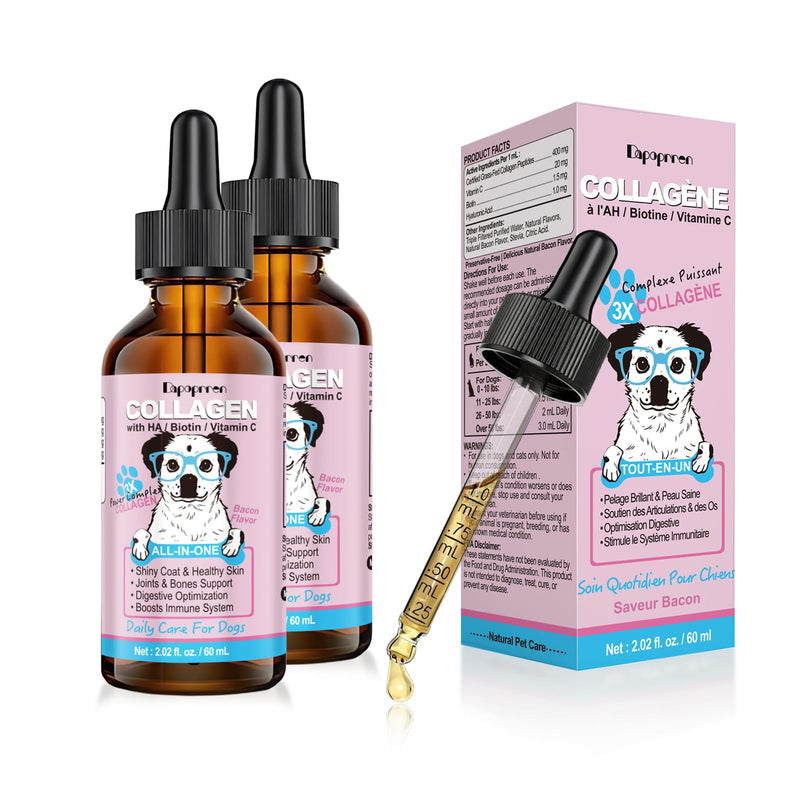 2PCS Collagen for Dogs,Daily Skin,Coat & Joint Support,Grass-Fed Peptides and Biotin,HA and Vitamin C|Bacon Flavour,60ml with Calibrated Dropper
