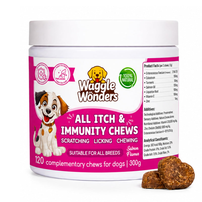 Dog Treats for Itchy Skin - All Itch & Immunity Dog Chews with Salmon Oil, Probiotics & Colostrum, Scratching, Licking & Chewing, 120 Chews