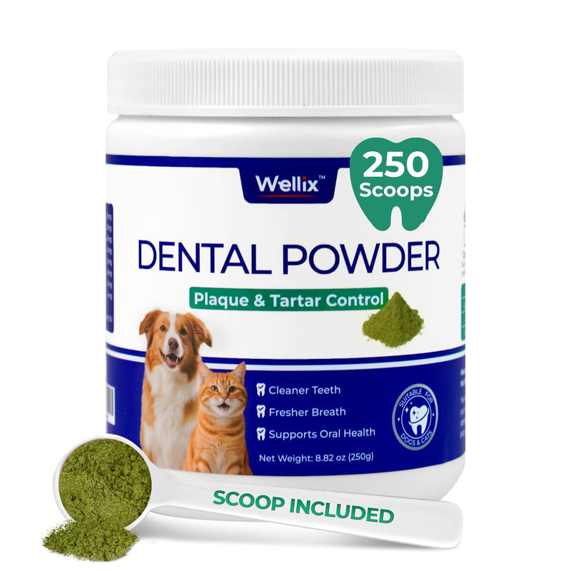 Wellix 250g Dog Teeth Cleaning Powder - Dog Dental Care Powder and Cat Breath Freshener - Plaque and Tartar Remover with Enzymes & Mint for Dogs & Cats of All ages and Breeds