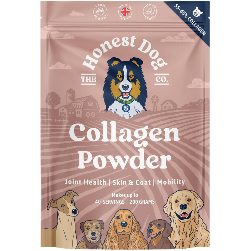 Honest Dog Co. Collagen for Dogs - Joint, Skin & Coat Support - 100% Human-Grade Collagen Powder – Made in UK - Natural Hip & Mobility Supplement - 200g (40+ Servings)