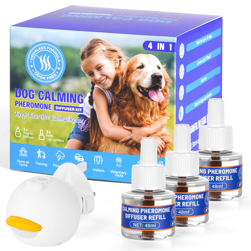 OSDUE Dog Calming Plug In, 4-in-1 Dog Calming Plug In Pheromone Diffuser with 1 Diffuser + 3 Refills, Helps Relaxation, Anxiety Relief & Stress Relief, 90 Day 1 Diffuser + 3 Refill