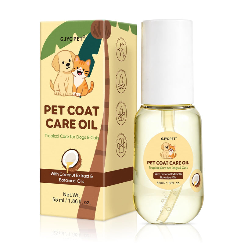 Pet Coat Care Oil, Coconut & Jojoba Infusion | Nourishing Serum to Reduce Stubborn Knots, UV Heat Shield; Anti-Static Lipid Repair for Dry Damaged Fur, Lick-Safe Treatment Dogs Cats, 55ml Tropical Coconut