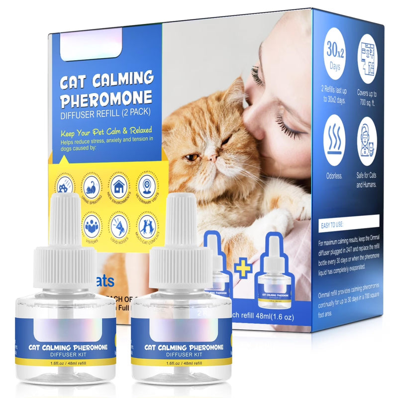 Cat Calming Pheromone Diffuser Refill 48ml (2 Pack) – 30 Day Drug Free Stress Relief for Cats, Multi Cat Homes, Scratching & Spraying Support