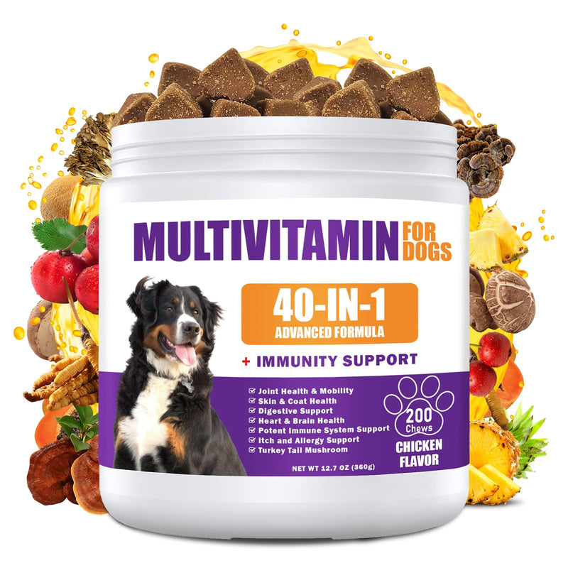 40-in-1 Dog Multivitamins Chewable, Dog Vitamins and Supplements 200 ct Contain Probiotics Omega-3 Glucosamine, Multivitamin for Dogs Skin Coat Heart Joint Liver Brain Eyes Immune Support 200 Count