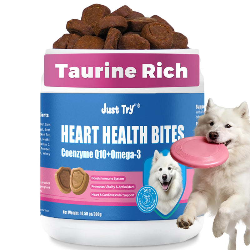 Just Try Coenzyme Q10 Heart Heathy Bites for Dogs - Advanced q10 & Taurine Supplement for Heart Health - Chicken Flavored Chews - Supports Heart Function-10.58oz