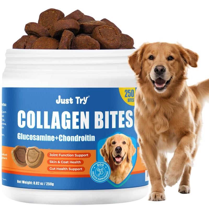 Just Try 8.82 OZ Collagen for Dogs Joint Pain Relief & Itchy Skin Allergy Relief Bites - Hydrolyzed Collagen Crunchy Chews with Glucosamine & Chondroitin for Hip & Joint Support Skin & Coat Health