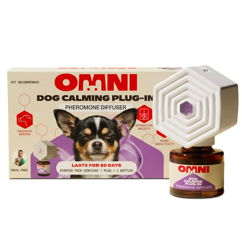 Omni Dog Calming Plug In Diffuser with Pheromones for Dogs - Inspired by Nature, Helps Calm Your Dog from Separation Anxiety, Fireworks, Travel or Tension, Covers 700 Sq Ft, Diffuser & x2 48ml Refills Calming Plug In Diffuser + 2x Refill