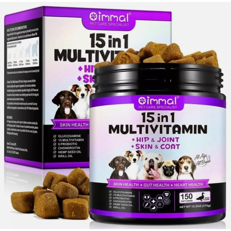 15-in-1 Multivitamin Dog Chews – Duck Flavor, Soft Treats for Hip, Joint, Skin & Coat Support, Digestive Health, Immunity & Overall Wellness – 150 Soft Chews (Pack of 1)
