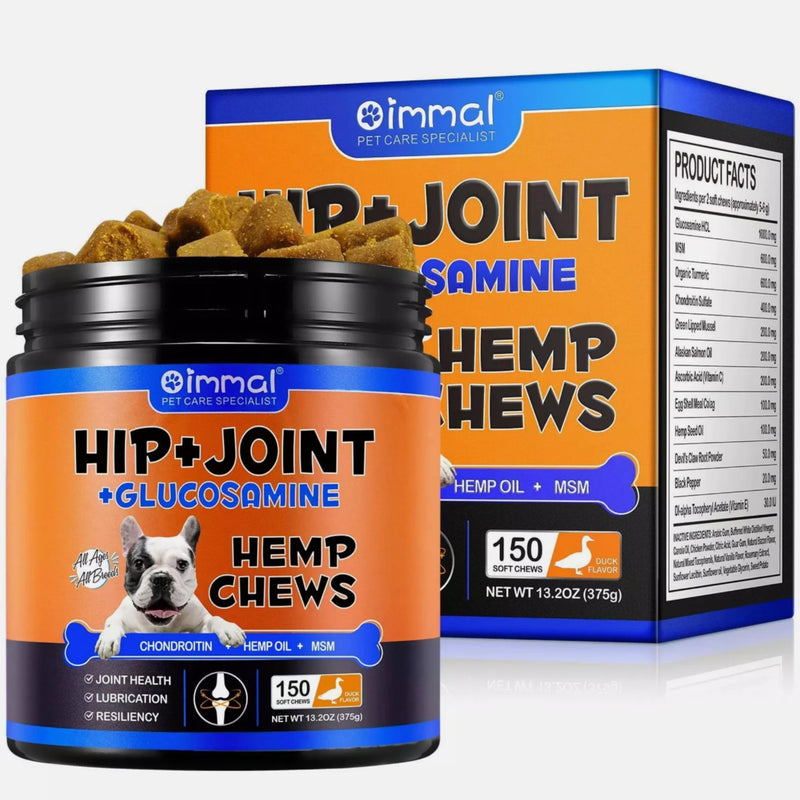 150 Hip & Joint Support Dog Chews with Glucosamine, MSM & Hemp Oil – Duck Flavour Soft Chews for Dogs – Mobility & Joint Wellness Supplement for Puppies – 375g (Pack of 1)