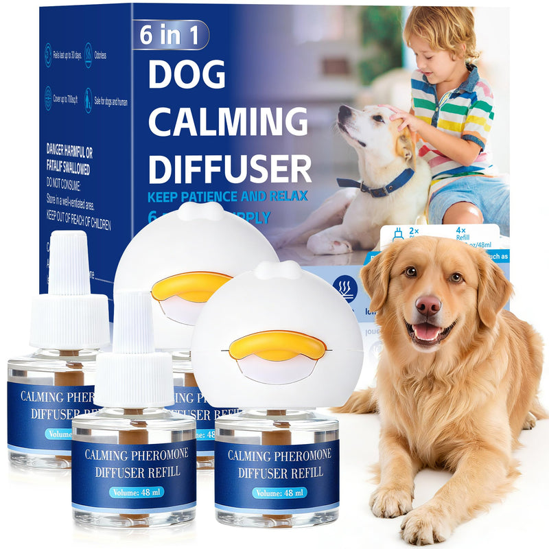 6-In-1 Dog Calming Pheromone Diffuser (2 Plug in + 4 Refills), Relief Anxiety, Storm Stress & Indoor Behavior Support, 120 Days Long Lasting Refill, Natural Odorless Safe Formula