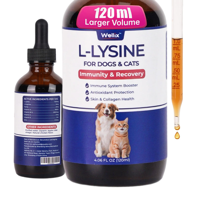 4oz Larger Volume Liquid L-Lysine Drops for Cats&Dogs with Cat & Dog Taurine - Immune Support&Respiratory Support - Sneezing, Runny Nose, Eye Care, Allergy Relief - Chicken Flavor