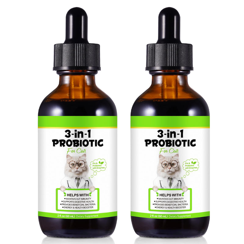 2PCS Probiotics for Cats, 3-in-1 Probiotics for Cats with Digestive Enzymes & Prebiotics,Support Gut Health, Immune Health, for All Breed Ages 60 ml