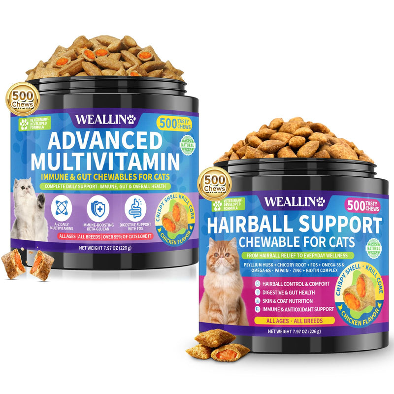 WEALLIN Taurine for Cats Vitamins Treats & Cat Hairball Support Bundle, 2 x 500 Crunchy & Krill Chews for Heart Vision Immune Digestion Skin Coat & Hairball Care