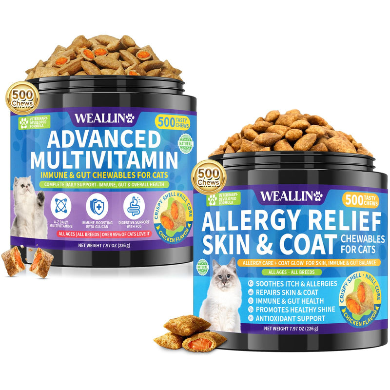 WEALLIN Taurine for Cats Vitamins Treats & Allergy Relief Chews for Cat Bundle, 2 x 500 Crunchy & Krill Core Chews for Heart Vision Immune Digestion Skin Coat & Itch Support
