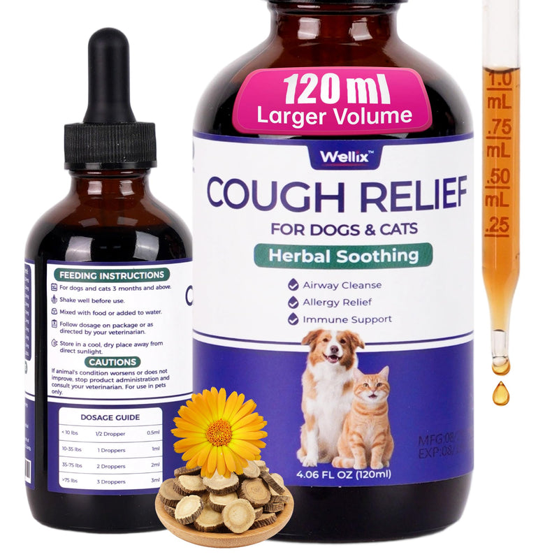 Wellix 120ml Kennel Cough Treatment for Dogs & Cats High-Volume - All Herbal Formula for Dog Cough, Sneezing & Cat Cold Relief - Durable Bacon Flavor Throat Gold for Dogs