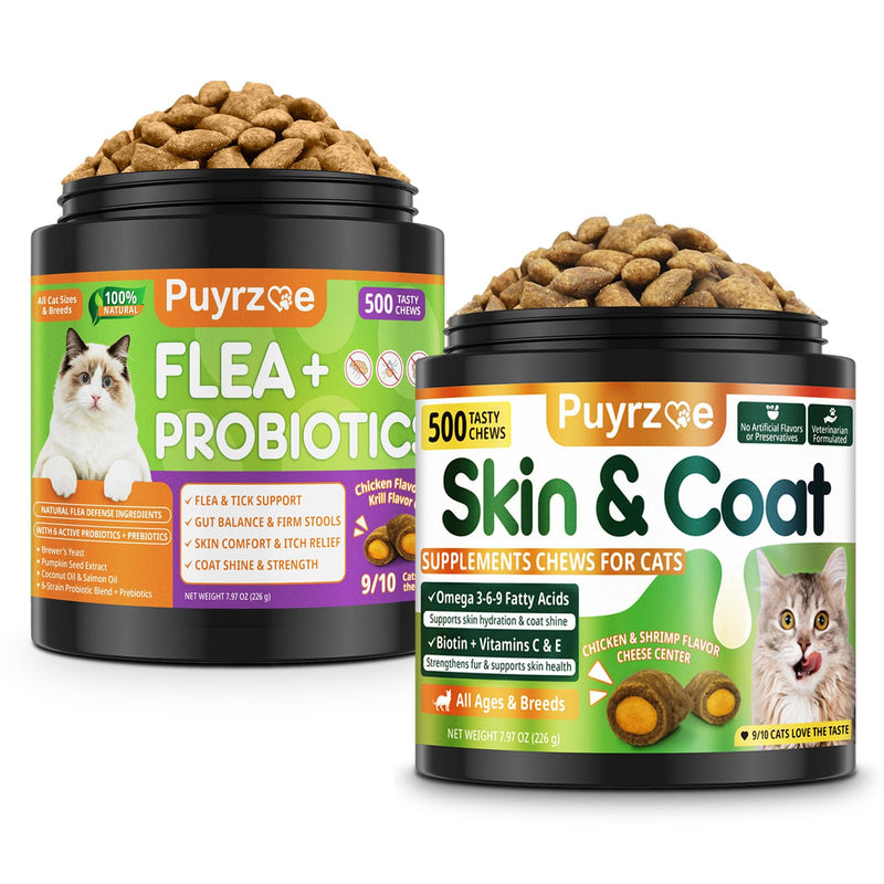 Puyrzoe Flea & Tick Support + Probiotics + Skin & Coat Chews for Cats – Flea Support, Gut Health & Coat Shine – 500 + 500 Chews with Omega-3-6-9, Vitamins & 6-Strain Probiotics, Chicken Flavor