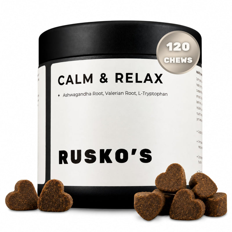 Rusko's Calming Supplement for Dogs | Supports Anxiety Relief, Stress & Nervous Behaviour | Ashwagandha, Valerian Root & L-Tryptophan | 120 Soft Chews