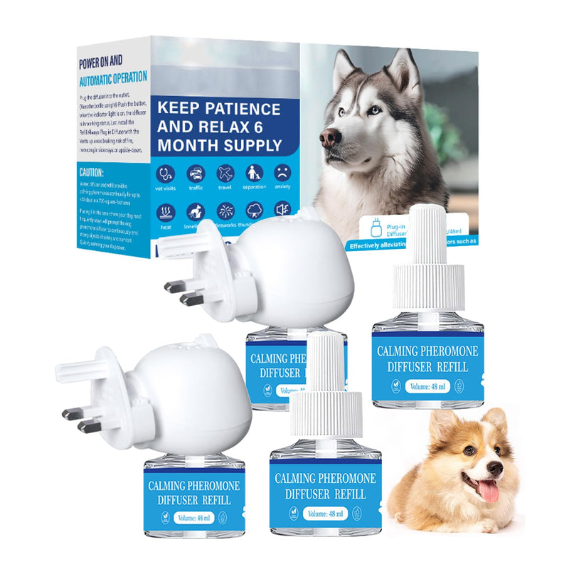Dog Calming Plug-in Diffuser Kit, Natural Pheromone Anxiety Relief, 2 Diffusers + 4 Refills for Multi-Pet Homes, Ideal for Anxious Dogs, Moving & Guest Visiting Scenarios