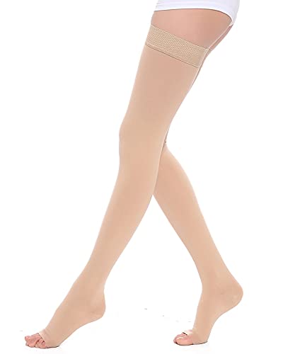 Thigh High Compression Stockings, Opaque, Firm Support 15-20 mmHg Gradient Compression with Silicone Band, TOFLY® Open Toe Compression Stockings, Treatment Swelling, Varicose Veins, Edema, Beige M 15-20mmhg Beige - BeesActive Australia