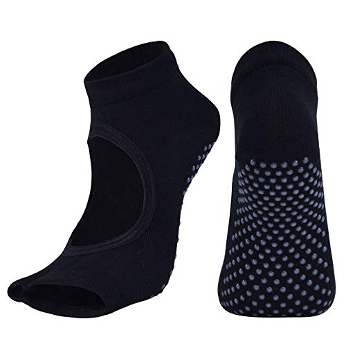 2 Pairs Open Toe Yoga Socks for Women Non Slip Grip Sock for Pilates Sports Grey and Black - BeesActive Australia