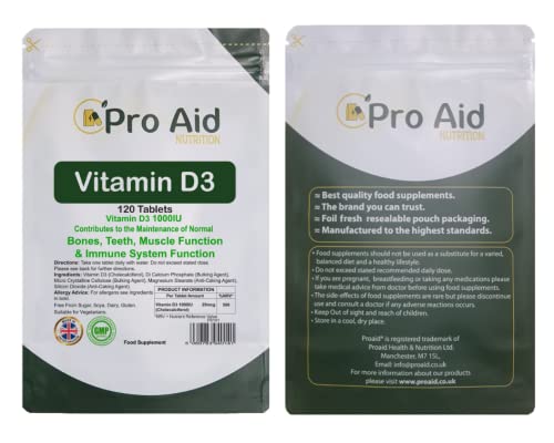 Vitamin D3 1000IU Tablets 120 Pack by ProAid, Easy to Swallow, One A Day, Made in UK, Premium Tablets - BeesActive Australia