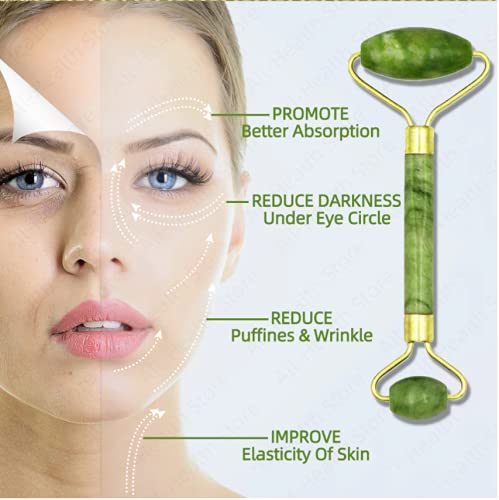 Jade Roller for Face and Gua Sha Set Beauty Cosmetic Facial Skin Roller Massager Tool Natural Green Jade - BeesActive Australia