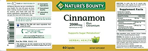 Cinnamon by Nature's Bounty, Herbal Supplement, Supports Sugar Metabolism, 2000mg Cinnamon Plus Chromium, 60 Capsules 60 Count (Pack of 1) - BeesActive Australia