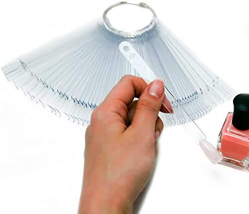 Nail swatch sticks LukyTimo 50 Pcs Clear Fan-shaped False Nail Polish Board Nail Art Tips Practice Sticks Tools with Ring Holder (Transparent) (50) - BeesActive Australia