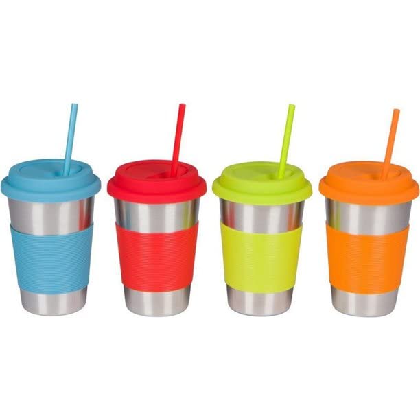 Kids and adults both enjoy these Stainless Steel Cups, with Lids and matching silicon straws, | Pack of 4 Drinking Tumblers| 16oz Dishwasher Safe Glasses for Travel, Daily Use, or Camping - BeesActive Australia