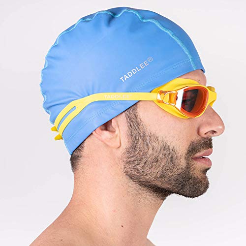 Taddlee Swimming Cap Men Pool PU Fabric Silicone Swim Hat Sports Waterproof Adult Swim Wear Accessories Large Size Outside Sky Blue - BeesActive Australia