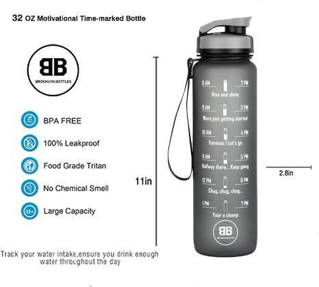 Brooklyn Bottles 32oz Leakproof BPA Free Drinking Water Bottle , use Daily for Fitness, Gym and Outdoor Sports helps ensure you drink enough water through ought the day (Black) Black - BeesActive Australia