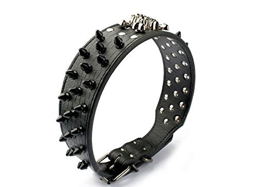 Dogs Kingdom Skull Punk Style Spiked Studded Pu Leather Dog Collars Pitbull Boxer Mastiff Pet Collar Medium Black - BeesActive Australia