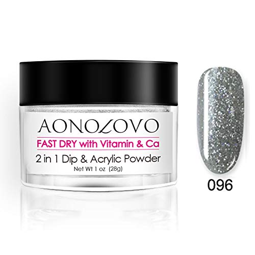 AONOLOVO Silver Nail Dip Powder 2 In 1 Acrylic Dipping Powder 1 Oz, Added Vitamin & Calcium, Non Toxic & Odorless, No UV LED Nail Lamp Required (096) 096 - BeesActive Australia