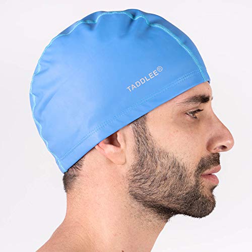 Taddlee Swimming Cap Men Pool PU Fabric Silicone Swim Hat Sports Waterproof Adult Swim Wear Accessories Large Size Outside Sky Blue - BeesActive Australia