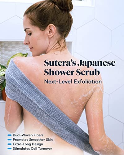 SUTERA - Exfoliating Shower Towel, Premium Japanese Scrub Wash Cloth, Deep Cleanse for Body Face, Microabrasion Duo Fibers Durable Quick Drying, Asian Spa Skin Care Bath Washclose, Extra Long Design - BeesActive Australia
