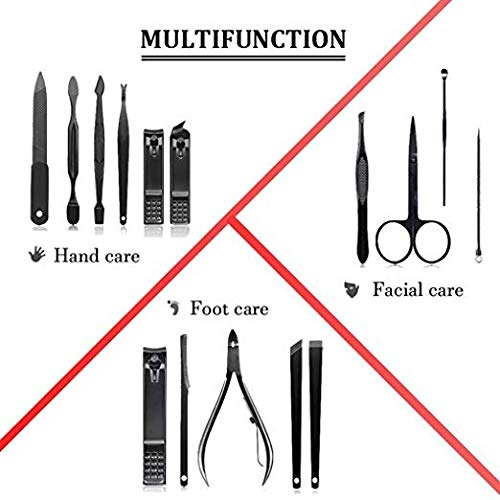 MCS Manicure Pedicure Set Nail Clipper Tool Kit - 15 in 1 Black Stainless Steel - Includes Cuticle Removers, Nail Scissors, Facial Treatment Tools With a Portable Black Leather Travel Grooming Case. - BeesActive Australia