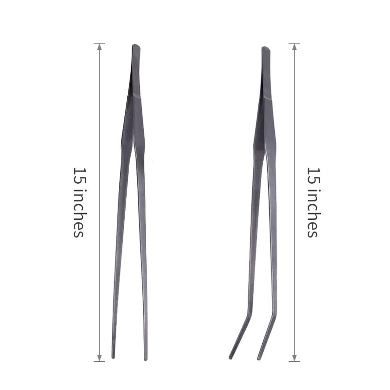 Firesteed Extra Long Handle Aquarium Tweezers Serving Tongs Feed clamp,2 Pack Stainless Steel Straight and Curved Tweezers Set for Fish Tank Plants Reptile Feeding Tongs（15 Inchs） - BeesActive Australia