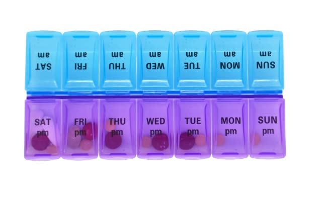 Pill Box, Seven Day AM, and PM Daily Pill Organizer, Medicine Storage Box for Medication and Supplements, 14 Large Compartments - 2 Times a Day Locking Compartments, Purple, Blue (Pack of 2) Pack of 2 - BeesActive Australia