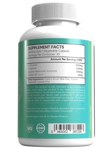 L-Arginine & Citrulline 1845mg Capsules | High Strength Dose | German Pharma | 90 Vegetable Capsules | Enhance Vascularity, Performance & Recovery | UK Manufactured | 100% Vegan | - BeesActive Australia