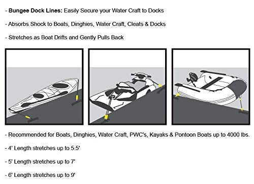 [AUSTRALIA] - Bungee Dock Lines - Stretches - Ideal for Small Boats, PWC, Jet Ski, Dinghy, Kayak & Pontoon Boats up to 4000# Black 6' Length Stretches to 9' 