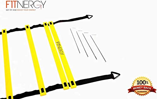 F1TNERGY Speed and Agility Ladder Training Equipment Yellow 12 Rung Ladder Free Carrying Bag + 10 Speed Cones (5 Orange + 5 Yellow) + 4 Pegs & D-Rings Soccer Football - BeesActive Australia