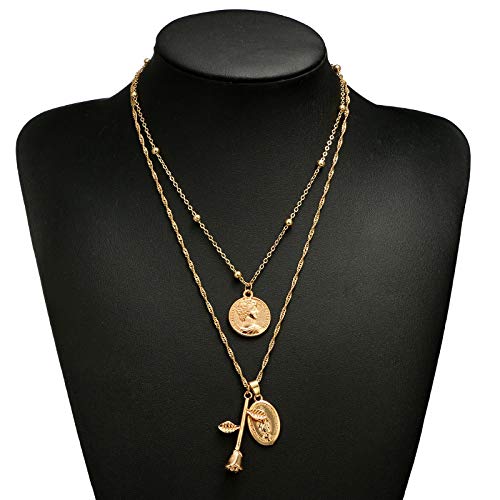 Funyrich Boho Layered Portrait Necklace Chain Gold Flower Necklaces Bead Pendant Jewelry for Women and Girls - BeesActive Australia
