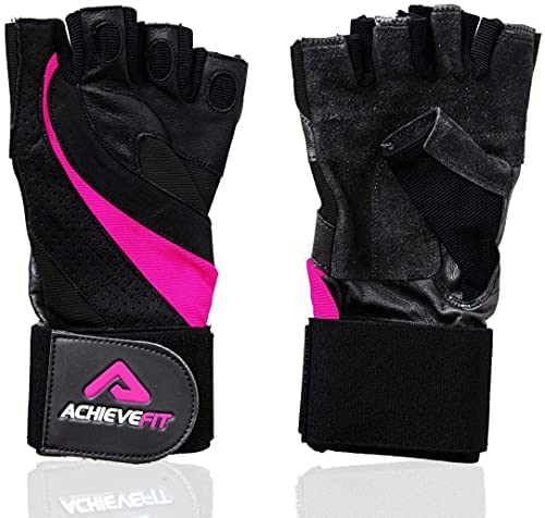 ACHIEVE FIT Weightlifting Gloves - Leather Palm for Fitness savvy Men & Women Firm Grip, Control & Comfort for Weight Lifting, Crossfit Training, Gym Workout (Pair) Large, With Wrist Support Black/Pink - BeesActive Australia