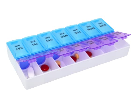Pill Box, Seven Day AM, and PM Daily Pill Organizer, Medicine Storage Box for Medication and Supplements, 14 Large Compartments - 2 Times a Day Locking Compartments, Purple, Blue (Pack of 2) Pack of 2 - BeesActive Australia