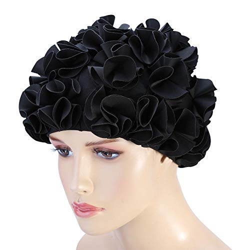 Keenso Flower Swim Hat，Bathing Women Children Retro Floral Flower Fashion Elastic Swiming Hat Long Hair Swim Bathing black - BeesActive Australia