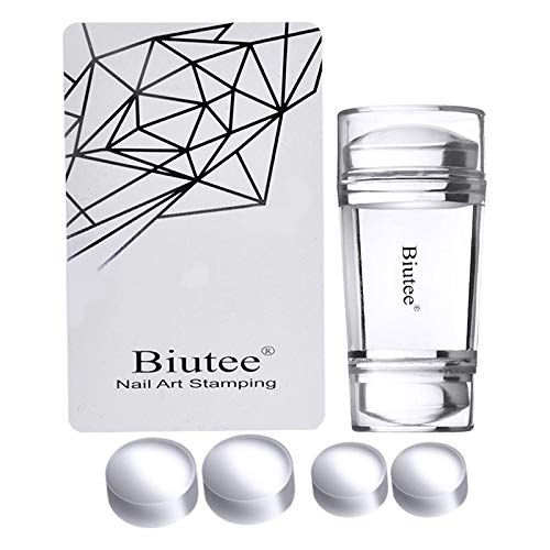 Biutee Dual Clear Jelly Nail Art Stamper 4Pcs Silicone Heads with Rhinestone Cap & 1 Scraper Manicure Nail Art Tool 6 pcs set - BeesActive Australia