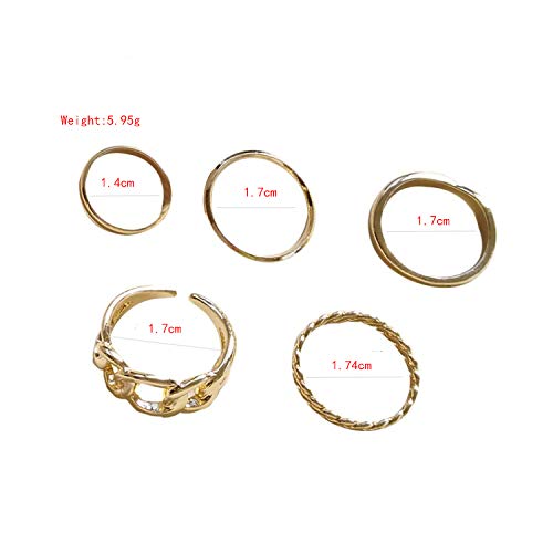 YERTTER Set of 5 Personality Ring Set Open Ring Index Finger Ring Chain Buckle Joint Ring Retro Mid Rings for Women and Girls (Gold) Gold - BeesActive Australia