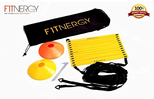 F1TNERGY Speed and Agility Ladder Training Equipment Yellow 12 Rung Ladder Free Carrying Bag + 10 Speed Cones (5 Orange + 5 Yellow) + 4 Pegs & D-Rings Soccer Football - BeesActive Australia