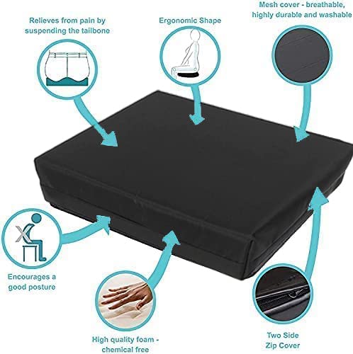 Brillars® Wheelchair Cushion Foam Ergonomic Posture Seat Pads Comfort Car Hip, Tailbone Support Pressure Sore Relief Office Chairs, Car Seats Vinyl Wipeable Black Cover (18" x 16" x 4") 18" x 16" x 4" - BeesActive Australia