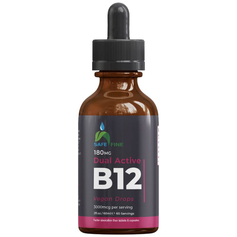 SafeFine Vitamin B12 Vegan Friendly Liquid Drops - 3000mcg - 60 ml Dropper Bottle - Supplement for Energy, Mood & Nerve Function - Sublingual and Dual Action for Fast Absorption - Gluten Free - BeesActive Australia